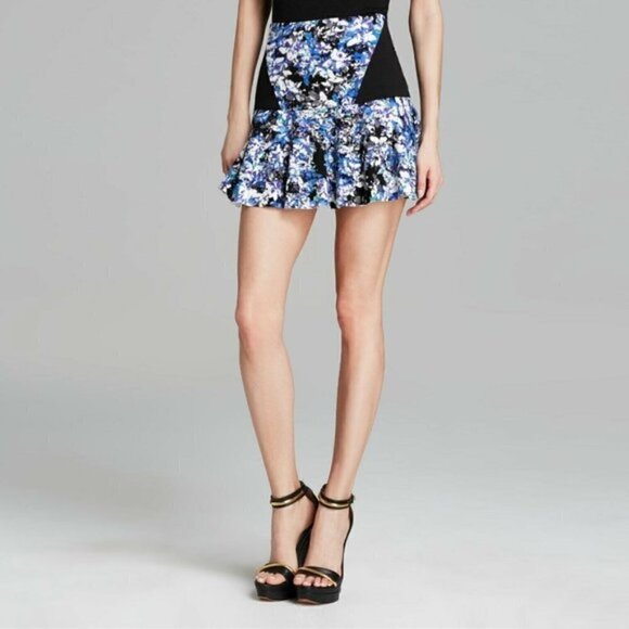 Parker Elora Blue & Black Floral Mini Skirt 0 - Picture 1 of 4
